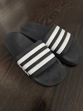 adidas Black Slides with White Three-Stripe Strap